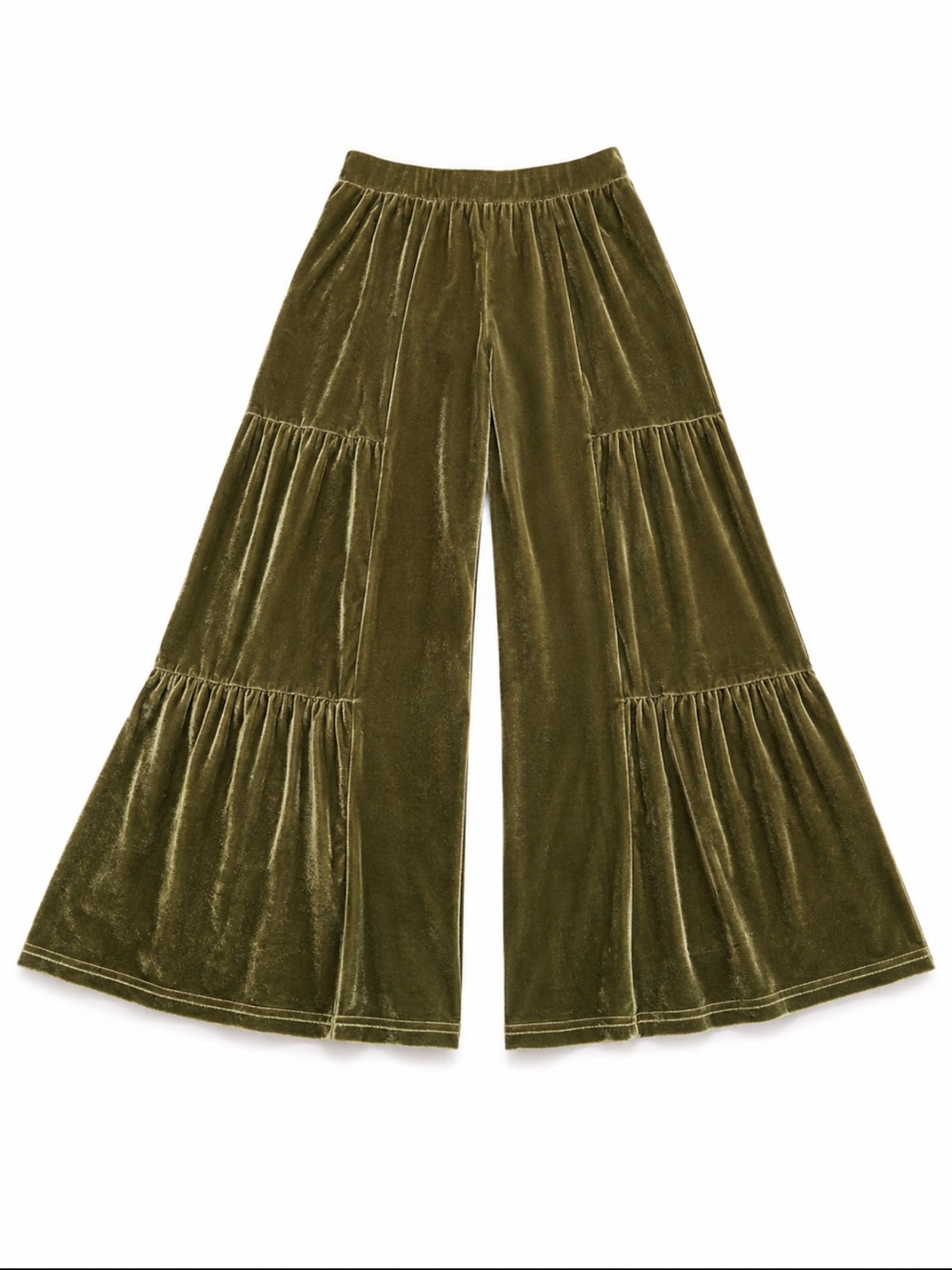 Luukse Olive Green Velvet Tiered Wide Leg Pants Size Medium Boho